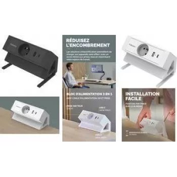 Fellowes Power Desk Desk stolni produžni kabel tip E bijeli 3 AC utičnice 2 USB-A 2m kabel