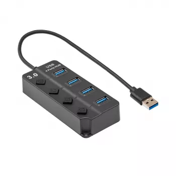Akyga AK-AD-33 aktivni USB 3.0 koncentrator, 4 porta s pojedinačnim prekidačima, 15 cm, crni