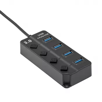 Akyga AK-AD-33 aktivni USB 3.0 koncentrator, 4 porta s pojedinačnim prekidačima, 15 cm, crni