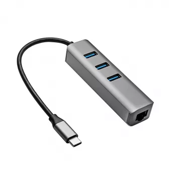 Akyga AK-AD-66 USB-C koncentrator s 3x USB 3.0 i Gigabit Ethernet, 15 cm, crni