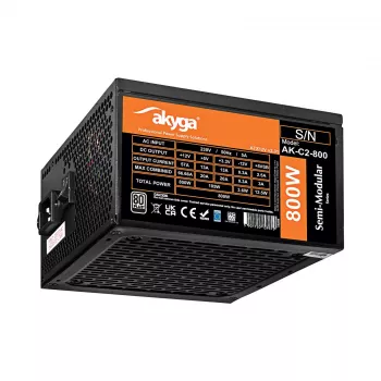 Akyga AK-C2-800 Classic 800 W ATX Power Supply, Semi-Modular, Active PFC, 120 mm Fan