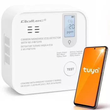 Qoltec certificirani bežični detektor ugljičnog monoksida (CO) s baterijom, CO detektor, TUYA, Wi-Fi, 10 godina životnog vijeka senzora, alarm 85dB, LED