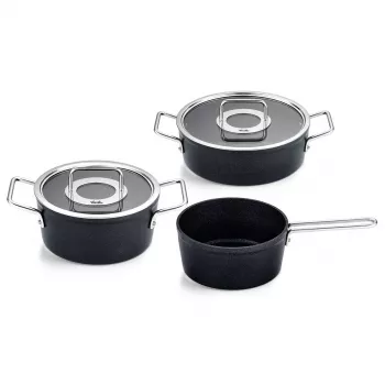 Fissler Adamant set posuda, 3-dijelni: lonac 20 cm, lonac za pečenje 24 cm i lončić s ručkom 18 cm, sa staklenim poklopcima (156-115-03-000/0)