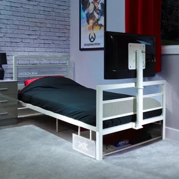 XROCKER gaming jednokrevetni krevet 90x190 cm s TV nosačem, metal, bijeli