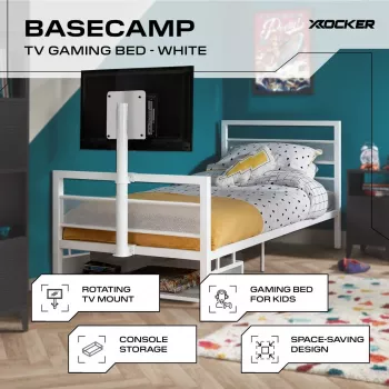 XROCKER gaming jednokrevetni krevet 90x190 cm s TV nosačem, metal, bijeli