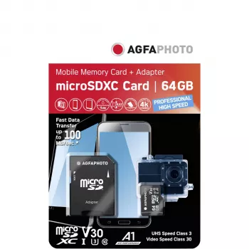 AGFAPHOTO MicroSDXC UHS-I 64GB High Speed Class 10 U3 V30+ sa SD adapterom