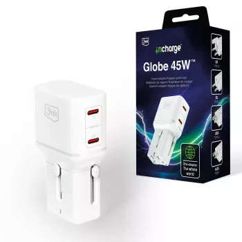 3mk incharge® Globe 45W™ 2C PD QC4+ PPS SCP AFC US/EU/AUS/UK bijeli