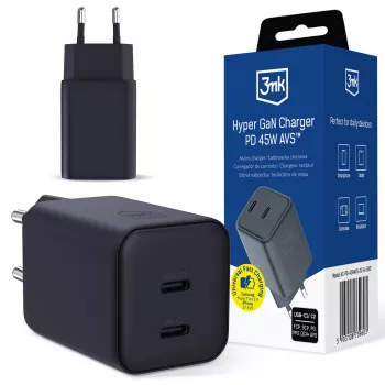 3MK Hyper punjač PD 45W GaN AVS QC4+ PPS AFC FCP DCP 2C crni