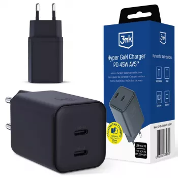 3MK Hyper punjač PD 45W GaN AVS QC4+ PPS AFC FCP DCP 2C crni