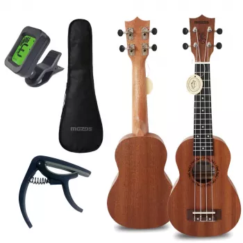 MOZOS GECKO sopran ukulele set, prirodno drvo, 12 pragova, najlonske žice, uključuje gig bag, ugađač, trzalice, remen, rezervne žice, krpu za čišćenje