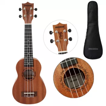MOZOS GECKO sopran ukulele set, prirodno drvo, 12 pragova, najlonske žice, uključuje gig bag, ugađač, trzalice, remen, rezervne žice, krpu za čišćenje