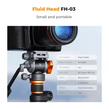 K&F Concept FH-03 fluidna video glava, nosivost 5kg, Arca-Swiss, 1/4 inch-20 & 3/8 inch-16, crna