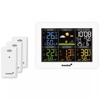 Levenhuk Wezzer PLUS LP60 meteorološka postaja s LCD zaslonom u boji, bežičnim vanjskim senzorom, praćenjem temperature i vlage, vremenskom prognozom, budilicom