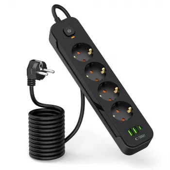 TECH-PROTECT PCL4X3 produžni kabel s 2 USB i 1 Type-C i 4 utičnice 200cm crni