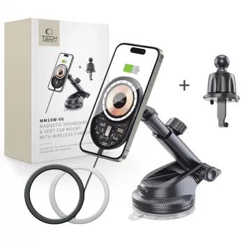 TECH-PROTECT MM15W-V6 magnetski MagSafe držač za auto na armaturi i ventilaciji s bežičnim punjenjem 15W, crni/Interior