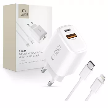 TECH-PROTECT NCA30 mrežni punjač s 2 priključka PD 30W / QC3.0 + Lightning kabel bijeli