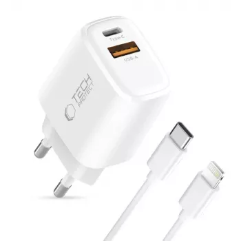 TECH-PROTECT NCA30 mrežni punjač s 2 priključka PD 30W / QC3.0 + Lightning kabel bijeli
