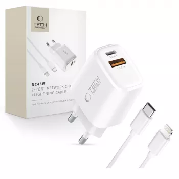 TECH-PROTECT NCA45W-GAN 2-portni mrežni punjač PD 45W / QC3.0 + Lightning kabel bijeli