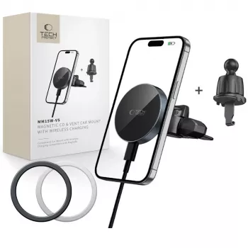 TECH-PROTECT MM15W-V5 magnetski MagSafe držač za CD i ventilaciju u automobilu, bežični punjač 15W crni