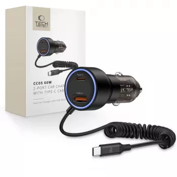 TECH-PROTECT CC05 automobilski punjač s 2 priključka PD 60W + kabel, crni