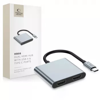 TECH-PROTECT HB08 Hub adapter 4-u-1 USB-C + USB 2.0 + 2x HDMI 4K 60Hz svemirsko sivi