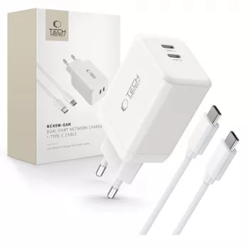 TECH-PROTECT NC45W-GAN 2-portni mrežni punjač PD 45W + USB-C kabel bijeli