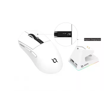 AQIRYS Zephyr bežični miš za igranje, 2,4 GHz + Bluetooth, 26000 DPI, bijeli