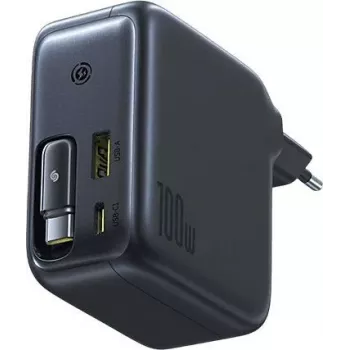 Baseus EnerCore CJ11 100W GaN napajanje s uvlačivim USB-C kabelom, 2 USB-C i 1 USB-A priključkom, crni