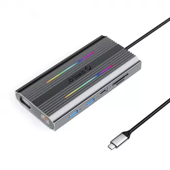 ORICO XCR 12-in-1 USB-C Docking Station with RGB, 3x USB-A, USB-C PD 100W, HDMI 4K, VGA, RJ45 Gigabit, SD/microSD Card Reader - Grey