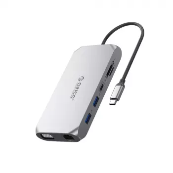 ORICO XCR 12-in-1 USB-C Docking Station with 3x USB-A 3.1, 1x USB-A 2.0, 1x USB-C PD 100W, 1x USB-C 3.1, 1x HDMI 1.4 4K@30Hz, 1x VGA 1080p, 1x SD 3.0, 1x microSD 3.0, 1x RJ45 Gigabit Ethernet, 1x Audio CTIA 3.5mm - Grey