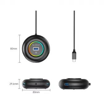ORICO YXR4-C3 RGB 4-portni USB-A 3.0 hub s audio/mikrofonskim priključkom, 1,8 m kabel - crni