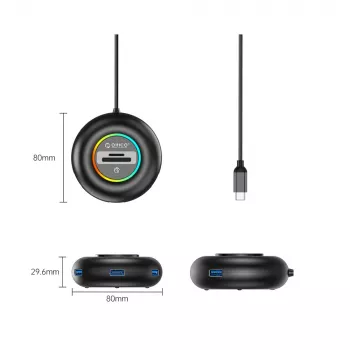 ORICO YXR5-C3 RGB 4-portni USB-A 3.0 hub sa SD i microSD čitačem kartica, 1,8m kabel, crni