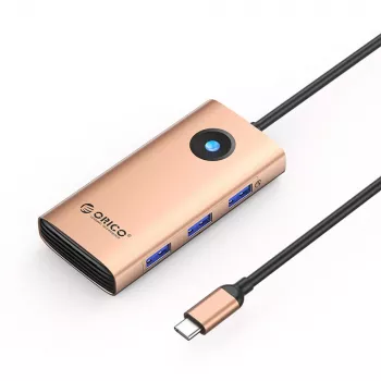ORICO PW11 6-u-1 USB-C hub, 3x USB-A 3.0, 1x USB-C PD 100W, 1x HDMI 4K 30Hz, 1x RJ45 Gigabit Ethernet, ružičasto zlatna