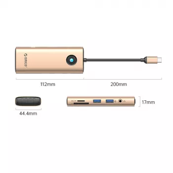 ORICO PW11 USB-C 8-in-1 Docking Station, 2x USB-A 3.0, 1x USB-C PD 100W, 1x HDMI 4K 60Hz, 1x microSD/SD, 1x RJ45 Gigabit Ethernet, 1x Audio 3.5mm, Rose Gold