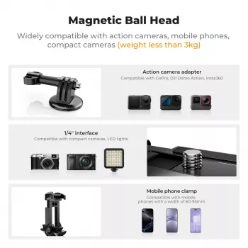 KF 3D kuglasta glava magnetski držač stativa za GoPro pametni telefon kameru s 1/4 inch navojem KF31.156 crni