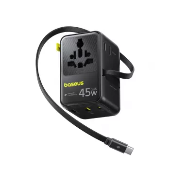Baseus PicoGo AG11 45W 6-u-1 univerzalni putni adapter s uvlačivim USB-C kabelom - crni