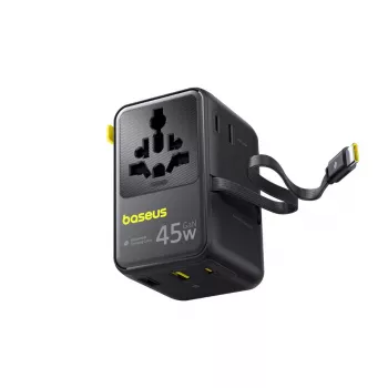 Baseus PicoGo AG11 45W 6-u-1 univerzalni putni adapter s uvlačivim USB-C kabelom - crni