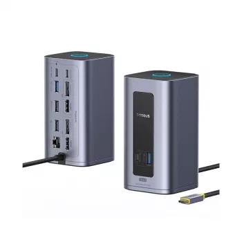 Baseus Nomos NU1 Air Spacemate 12-u-1 USB-C dokirna stanica, 2x HDMI 4K@60Hz, 2x DP 4K@60Hz, 2x USB-C, 2x USB-A 5Gbps, 2x USB-A 2.0, RJ45 Gigabit Ethernet, siva