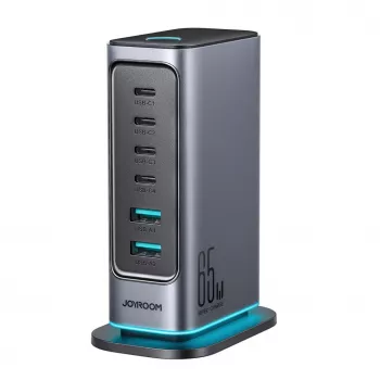 Joyroom JR-TCM02 GaN 65W višeportni punjač 4x USB-C 2x USB-A EU utikač tamno sivi