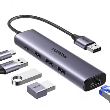 UGREEN 5-u-1 USB-A hub na 3x USB 3.0 + RJ45 + USB-C (srebrni)
