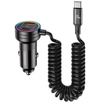 USAMS auto punjač 60W 2xUSB-C 1xUSB-A sa spiralnim kabelom, brzo punjenje PD QC, crni CC167CC01