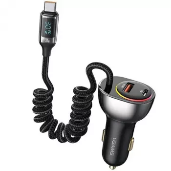 USAMS C37 auto punjač 1xUSB-A + 1xUSB-C 60W s USB-C na USB-C kabelom 30W PD+QC brzo punjenje, crni CC192CC01 (US-CC192)