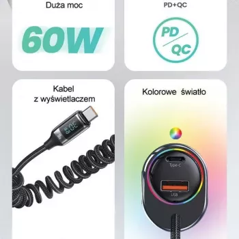 USAMS C37 auto punjač 1xUSB-A + 1xUSB-C 60W s USB-C na USB-C kabelom 30W PD+QC brzo punjenje, crni CC192CC01 (US-CC192)