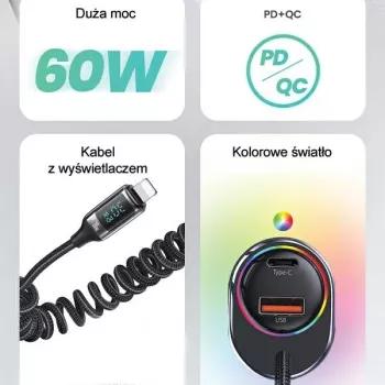 USAMS C37 Car Charger 60W 1xUSB-A + 1xUSB-C PD+QC Fast Charge with Lightning Cable 30W Black CC193CC01 (US-CC193)