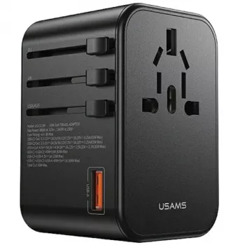 USAMS univerzalni putni punjač 65W 1xUSB-A + 2xUSB-C T62 s izmjenjivim utikačima US/AU/EU/UK crni CC199TC01 (US-CC199)