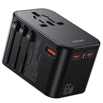 USAMS univerzalni putni punjač 65W 1xUSB-A + 2xUSB-C T62 s izmjenjivim utikačima US/AU/EU/UK crni CC199TC01 (US-CC199)