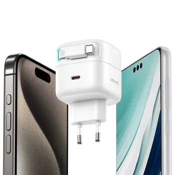 USAMS XMF Series CC202TC01 35W GaN brzi punjač s uvlačivim USB-C kabelom, crni
