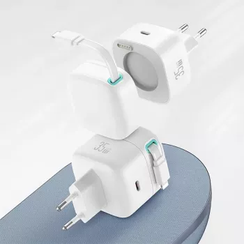 USAMS XMF Series CC209TC02 GaN 35W brzi punjač s uvlačivim Lightning kabelom, bijeli