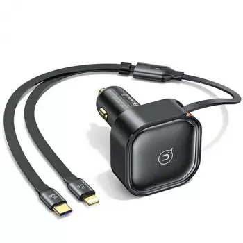 USAMS C41 Car Charger 30W PD Fast Charge with Retractable USB-C & Lightning Cable Black (US-CC219)