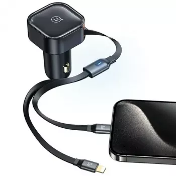 USAMS C41 Car Charger 30W PD Fast Charge with Retractable USB-C & Lightning Cable Black (US-CC219)